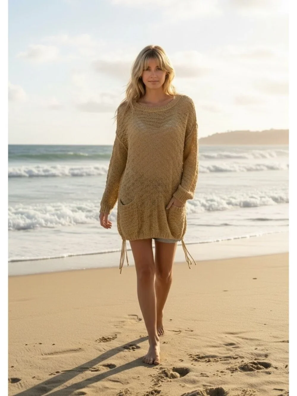 Free People FP Beach Crochet Sweater M Beige Long Sleeve